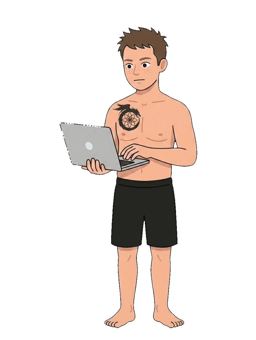 Connor mascot working on a laptop